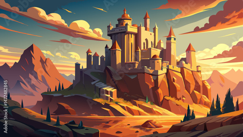  A majestic castle stands proudly atop a rugged rocky outcrop, its towering spires piercing the sky. The ancient stone walls gleam under the warm sunlight, whispering tales of kings, knights, and lege