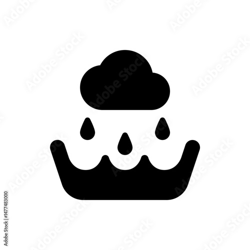 Illustration of a black cloud with raindrops falling onto a body of water creating small waves design