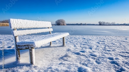 Wallpaper Mural Frosty bench by a frozen lake under a bright blue winter sky Torontodigital.ca