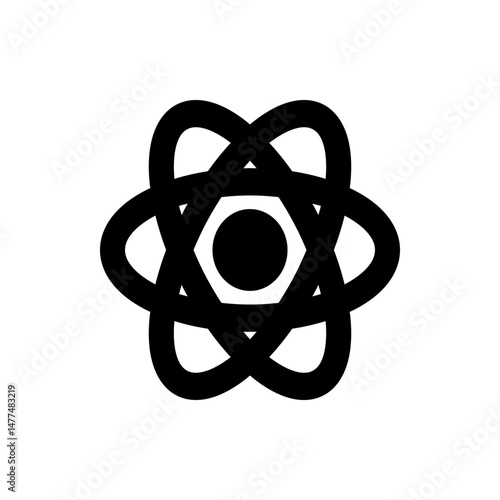 Abstract black atom symbol with a hexagon and circle center and looping orbital paths, isolated on white, simple design