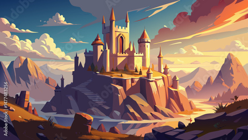  A majestic castle stands proudly atop a rugged rocky outcrop, its towering spires piercing the sky. The ancient stone walls gleam under the warm sunlight, whispering tales of kings, knights, and lege
