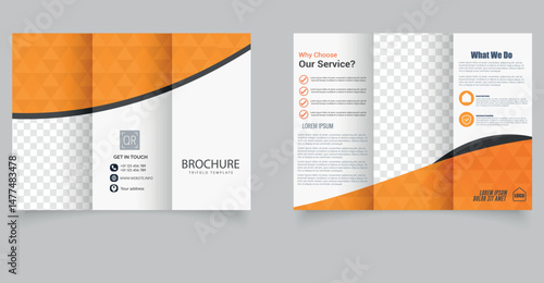 Creative and professional trifold brochure template with vibrant orange theme and geometric wave design. Includes placeholders for text, icons, and images. Fully layered and print-ready.