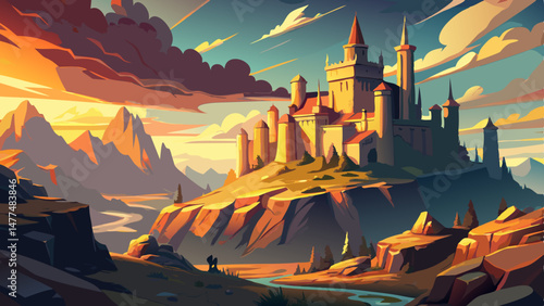  A majestic castle stands proudly atop a rugged rocky outcrop, its towering spires piercing the sky. The ancient stone walls gleam under the warm sunlight, whispering tales of kings, knights, and lege