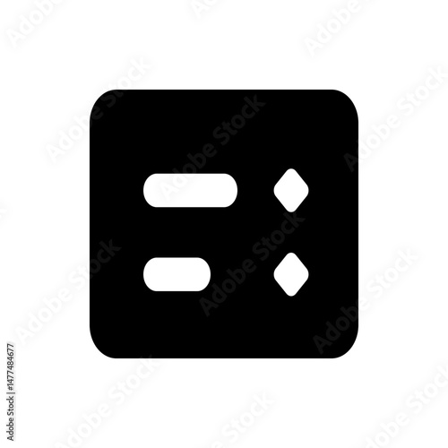Black rectangle with rounded corners contains two horizontal bars and two small diamond shapes on the right