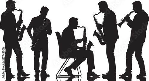 Silhouettes of jazz saxophone musicians on white background. Vector illustration.