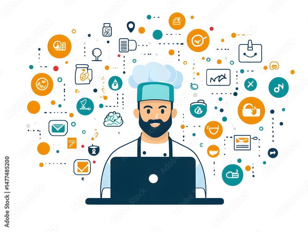 A smiling chef uses a laptop to manage his online food business and digital marketing strategy efficiently. A smiling chef uses a laptop to manage his online food business and digital marketing strategy efficiently.