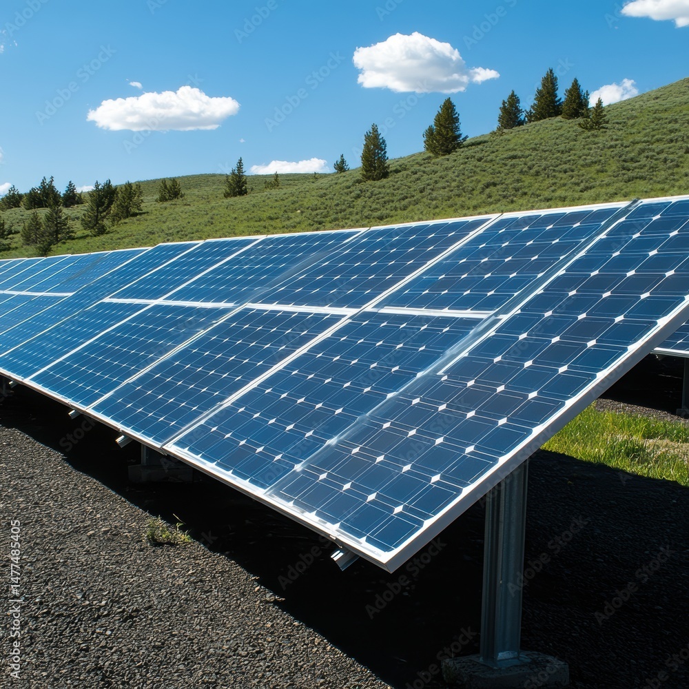 Solar panels harnessing clean energy on a hillside.