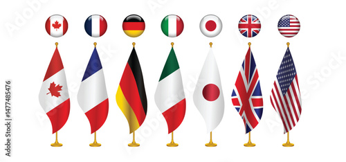 7 countries flag with pole and button flag vector on white isolated