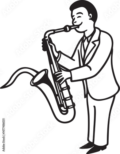 Stylish saxophone player wearing a suit passionately performing jazz music captured in a clean minimal line art illustration