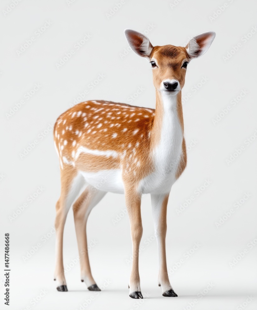Fototapeta premium Elegant Fawn Deer with White Spots Standing Against a Light Background