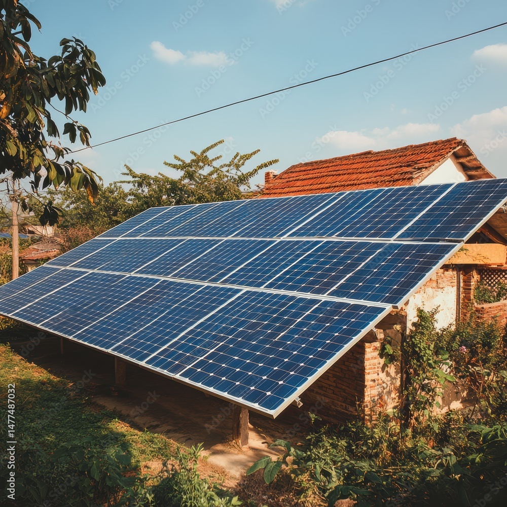 Solar panels on a house roof, green energy source.