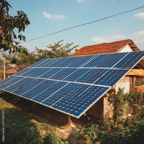 Obraz na płótnie Solar panels on a house roof, green energy source. w salonie