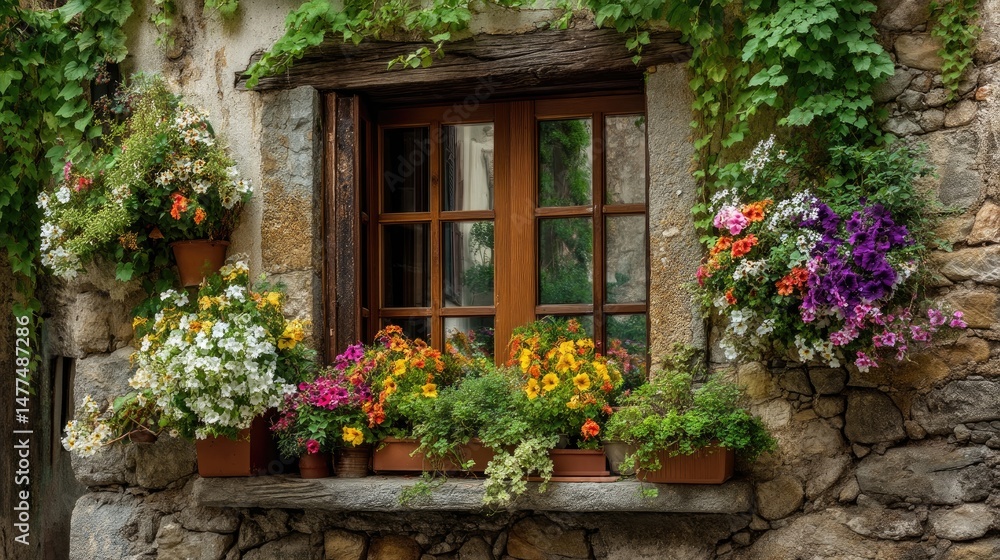 Window with Flower Boxes and Stone Wall Window with Flower Boxes and Stone Wall