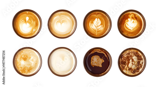 Professional Top View Hot Coffee Latte Art Foam Set Isolated on White Background
