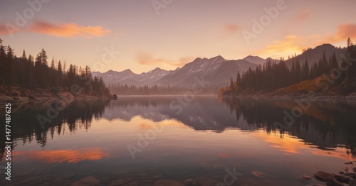 Golden hour hues illuminate placid lake, mirroring fiery sunset , lake, water, lake view
