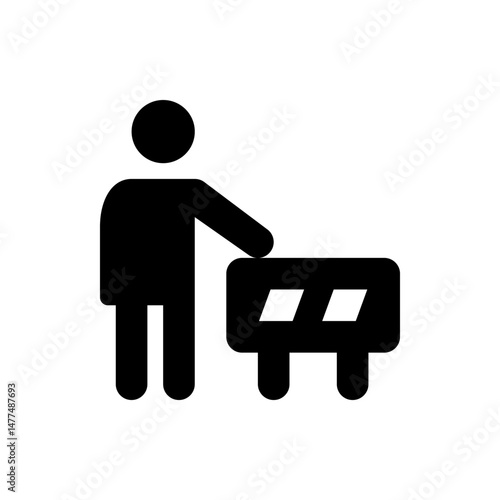 Silhouette of a person pushing a black rectangular cart with two white stripes on a white background image