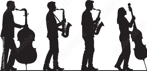 Silhouettes of jazz saxophone musicians on white background. Vector illustration.
