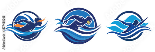 Three stylized swimmer illustrations, each depicting a different stroke within a circular wave design, symbolize aquatic sports.