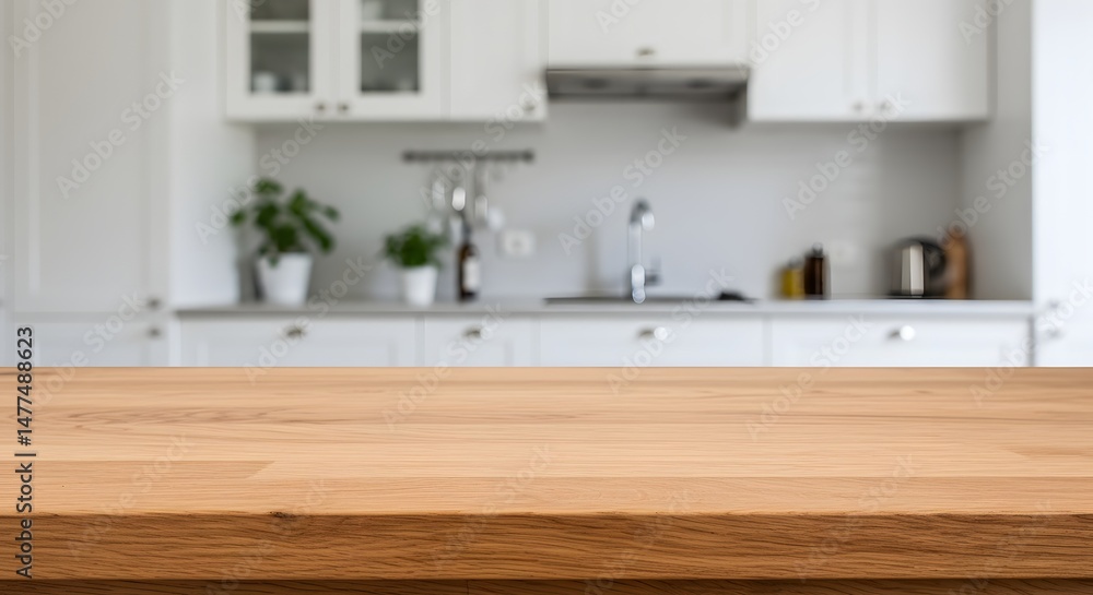 Blurred kitchen interior with wooden tabletop for product display and food photography Blurred kitchen interior with wooden tabletop for product display and food photography