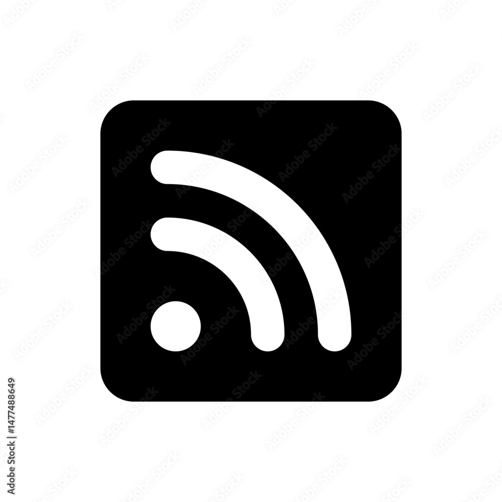 Illustration of a white wifi symbol inside a black rounded square representing wireless internet access point Illustration of a white wifi symbol inside a black rounded square representing wireless internet access point
