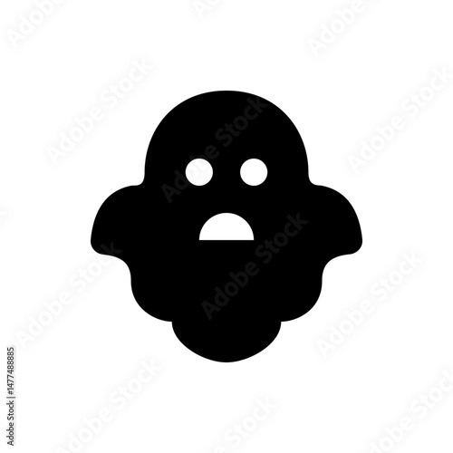 A simple black ghost with two white eyes and a white mouth floating on a white background design icon