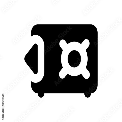 A black safe with a white opening mechanism and a white symbol on the right side of the safe door