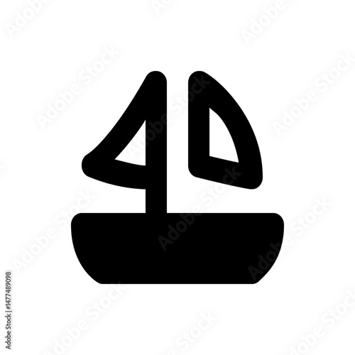 Simple black and white illustration of a sailboat with two sails and a rounded hull, isolated on white background