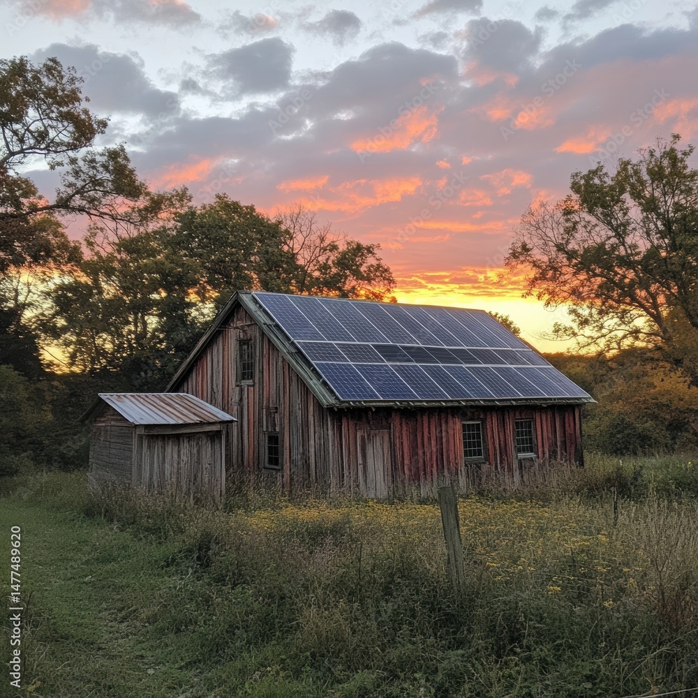 Solar-powered barn at sunset in serene landscape.