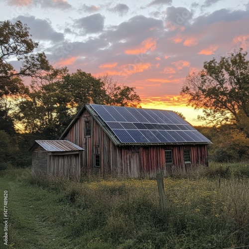 Solar-powered barn at sunset in serene landscape.