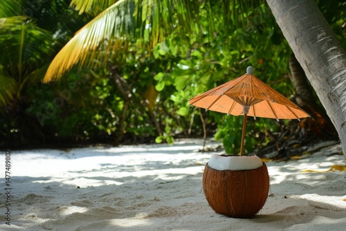 Wallpaper Mural Tropical Getaway: Coconut Drink with Parasol on a Pristine Beach Torontodigital.ca
