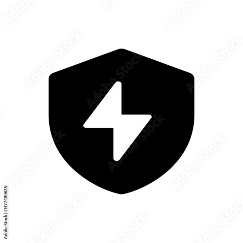A black shield with a white lightning bolt in the center representing power and protection icon design