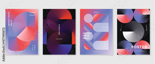 Abstract gradient poster background vector set. Minimalist style cover template with vibrant perspective 3d geometric prism shapes collection. Ideal design for social media, cover, banner, flyer.