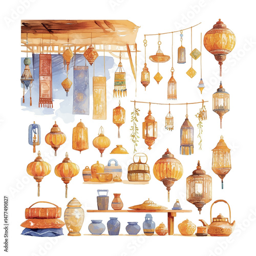 Decorative lanterns and pottery displayed in a vibrant artisan market during the day showcasing cultural craftsmanship
