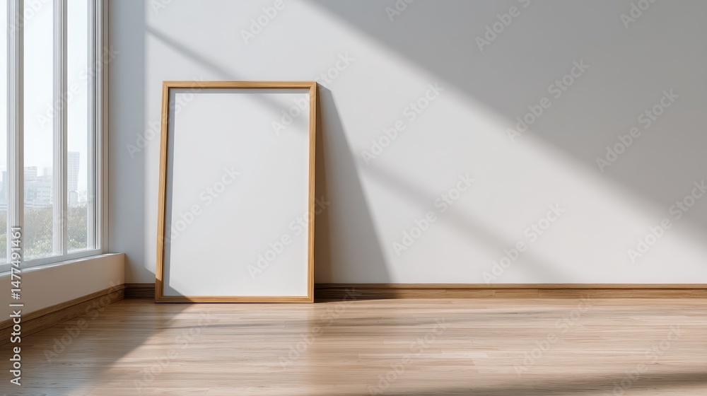 Empty wooden frame leaning against a bright wall in a sunlit modern room with shadows Empty wooden frame leaning against a bright wall in a sunlit modern room with shadows