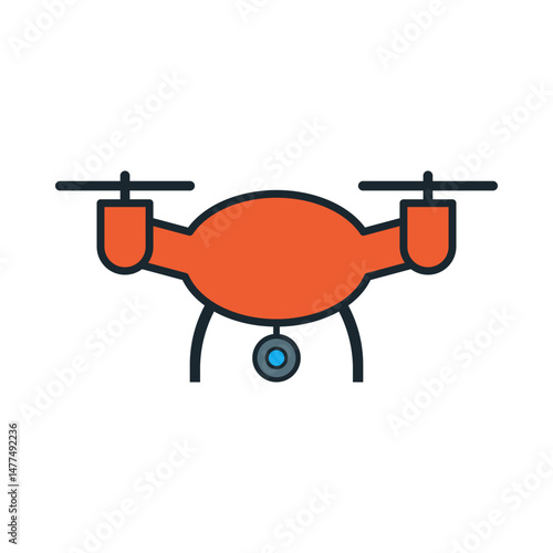 Modern orange surveillance drone with blue lens and black outlines isolated on white background