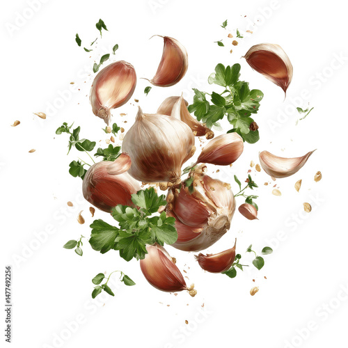 Fototapeta Naklejka Na Ścianę i Meble -  Exploding Garlic Cloves and Fresh Herbs - Culinary Burst