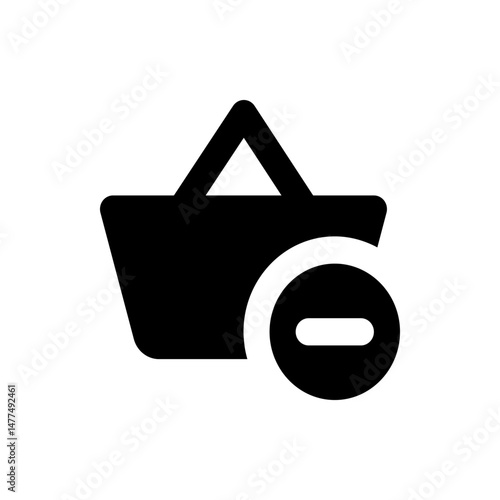 Illustration of a black shopping basket icon with a minus symbol inside a circle on the right side