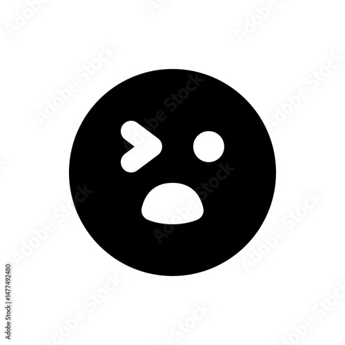 Black circle containing a white winking eye, a white dot, and a white open mouth, expressing a confused look
