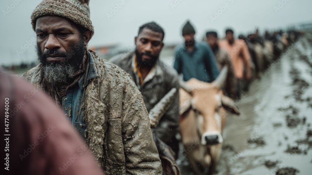 Fototapeta premium People and cattle moving in mud