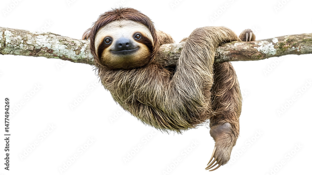 Fototapeta premium Cute Sloth Hanging on Tree Branch Isolated on White Background