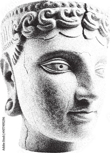 Black and White Xerox Effect Vector Illustration of Ancient Roman Bust Sculpture Head Detail with Curly Hair for History Art Education Projects Retro Vintage Design Element Isolated on White