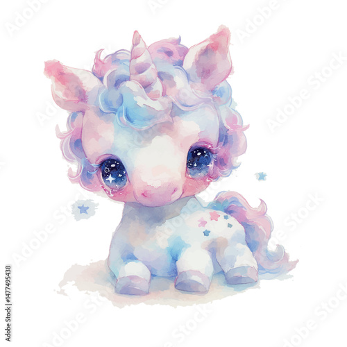Cute watercolor unicorn with pastel colors and charming eyes sits calmly surrounded by stars and whimsical clouds