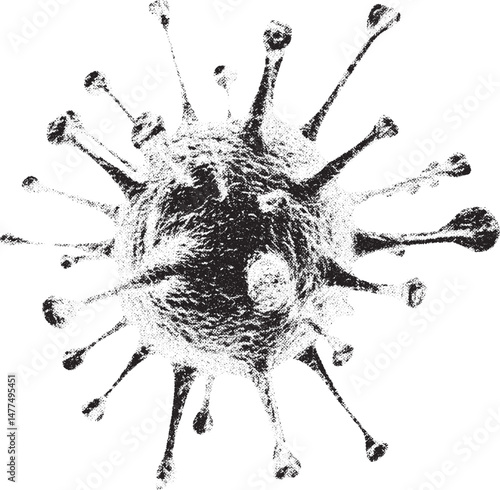 Black and white xerox effect vector illustration of a virus cell microorganism bacteria germ pathogen disease infection microbiology science medical healthcare pandemic epidemic contagious biological
