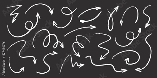 Chalkboard arrow doodles pack - white chalk hand drawn swirls, chaotic curves, artistic pointers. Grunge pencil sketches, crayon scribbles design elements set. Marker outlines on black background.