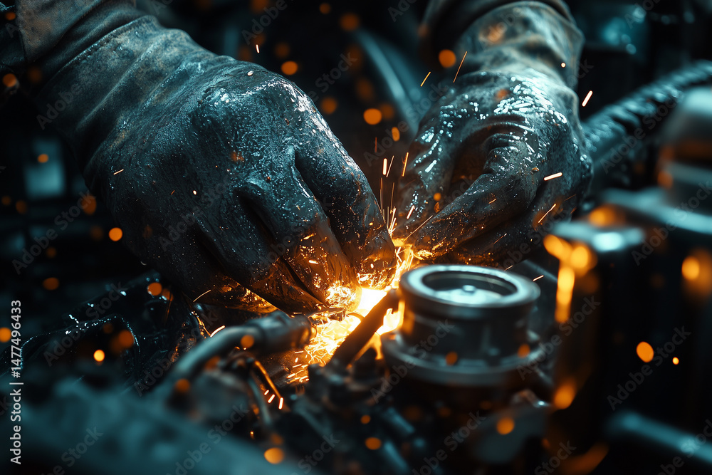 Closeup Of Gloved Hands Welding Metal With Bright Sparks In A Dark Setting Closeup Of Gloved Hands Welding Metal With Bright Sparks In A Dark Setting