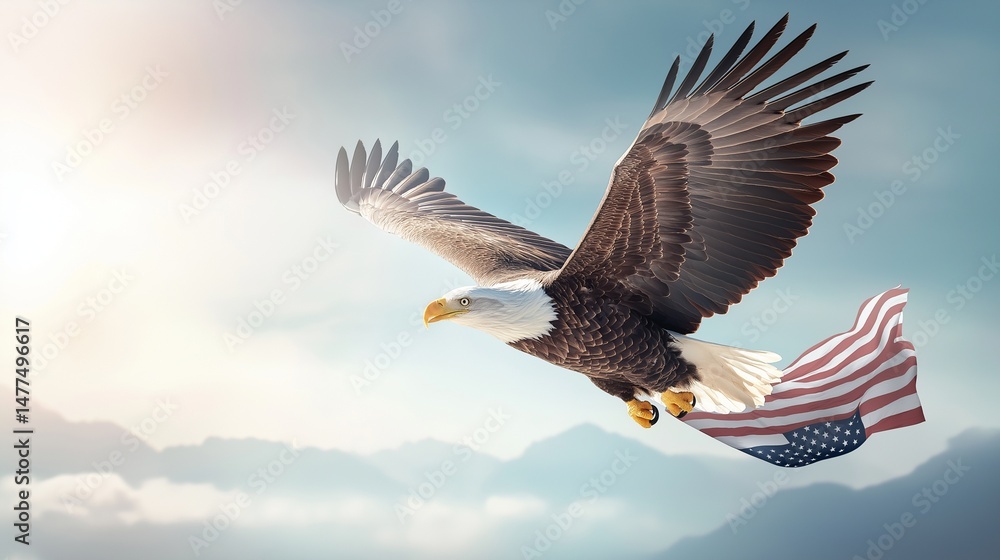 Fototapeta premium An American bald eagle standing tall on a tree branch, its feathers ruffled by the wind, with the American flag displayed prominently in the background, surrounded by a lush green forest