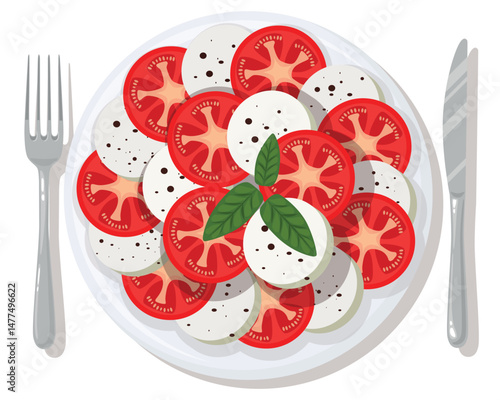 Caprese salad in cartoon style.Vector illustration of serving caprese salad, plate with fork and knife, red tomatoes, fresh basil,mozzarella slices,isolated on white background. National Italian food.