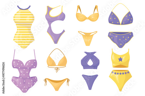 Set of one-piece and separate women's swimsuits in cartoon style. Vector illustration of beautiful fashionable swimsuits with different designs: lines, stars, dots isolated on white background.