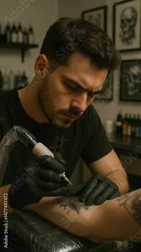 Tattoo artist in a black shirt and gloves works on an arm with a tattoo machine the studio has shelves with ink bottles and framed art in the background
