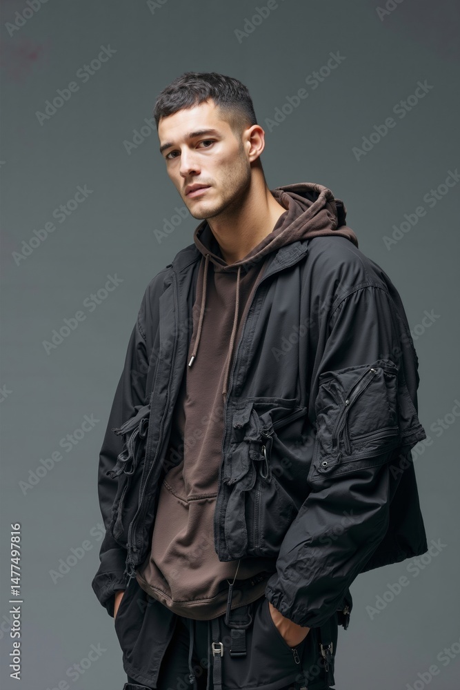 Fototapeta premium A man in a black jacket with a hoodie and cargo pants